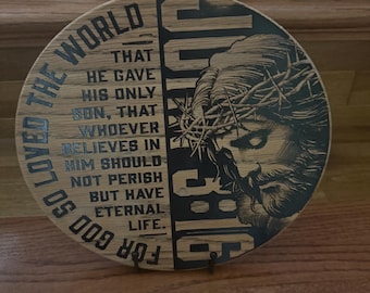 Cartello in legno con versetto Giovanni 3:16 / Decorazione cristiana con Gesù / Quadro con versetto biblico / Targa religiosa in legno / Regalo cristiano / Decorazione per la casa a tema religioso