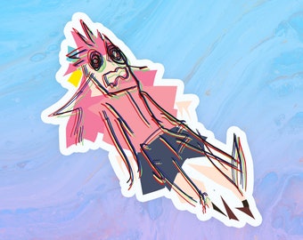 May include: A digital illustration of a person with pink hair and a pink shirt, lying on their back with their legs in the air. The illustration is in a 3D style with a glitch effect.