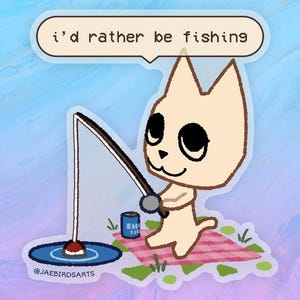 Könnte beinhalten: Eine Comic-Katze hält eine Angelrute mit einer Dose Limonade daneben. Die Katze sitzt auf einer rot-weiß karierten Picknickdecke. Der Text "i'd rather be fishing" befindet sich in einer Sprechblase über der Katze.