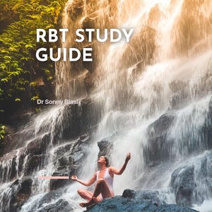 Puede incluir: Una mujer se sienta en una postura meditativa en una roca frente a una cascada. El texto "RBT STUDY GUIDE" está en la parte superior de la imagen, y el texto "Dr. Sonny Blasi" está debajo. El texto "Everything You Need To Pass The Exam" está en la parte inferior de la imagen.