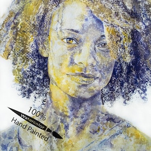 May include: Watercolor painting of a woman with curly hair. The painting is done in shades of blue and yellow, with a focus on the woman's face. The text "100% watercolor Hand Painted" is visible in the bottom left corner of the image.