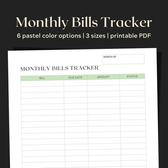 Monthly Bill Payment Tracker Printable Bill Payment - Etsy