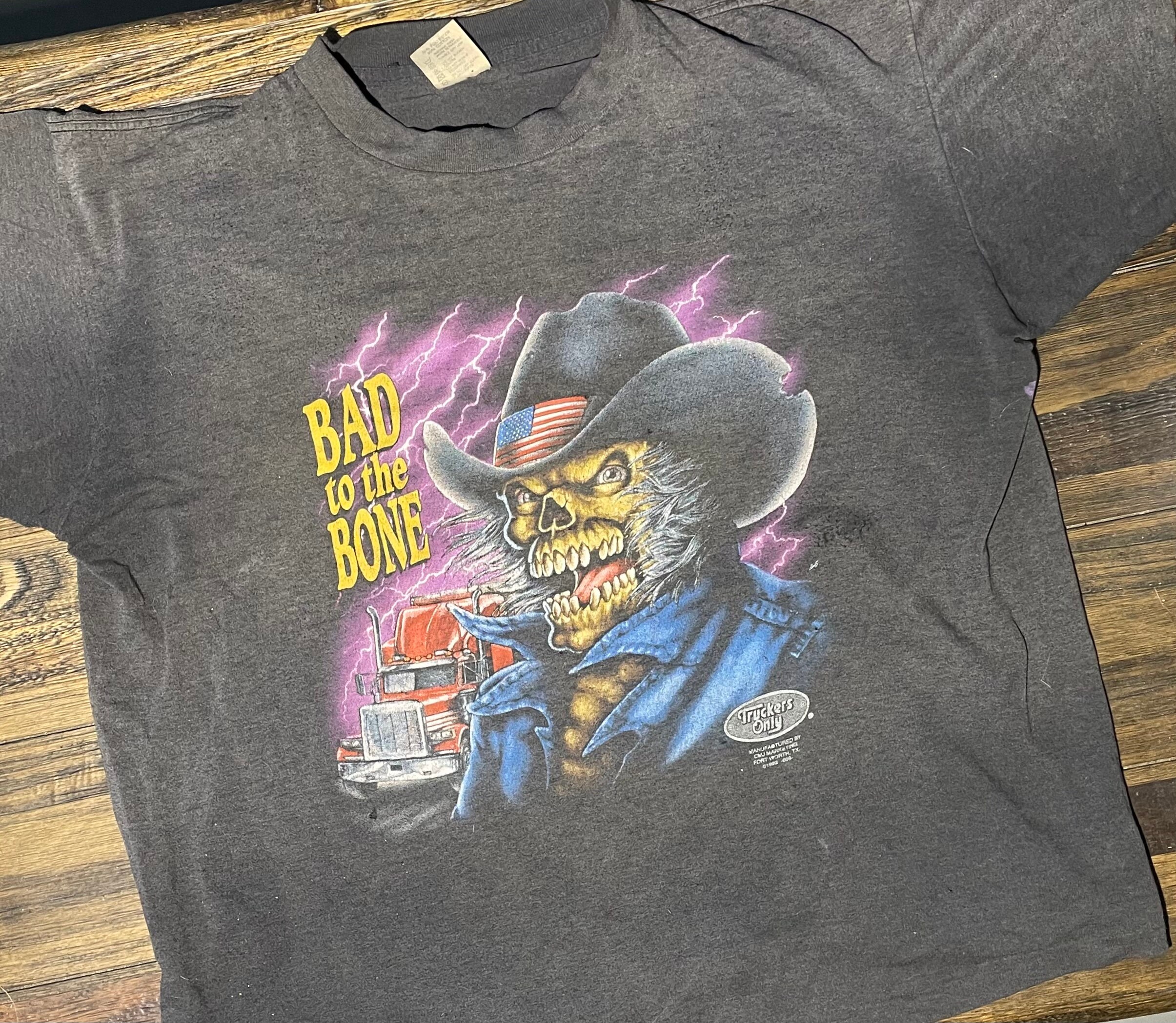 Vintage 1992 Truckers Only 3D Emblem Bad to the Bone T Shirt Vintage 1992 Truckers Only 3D Emblem Bad to the Bone T Shirt
