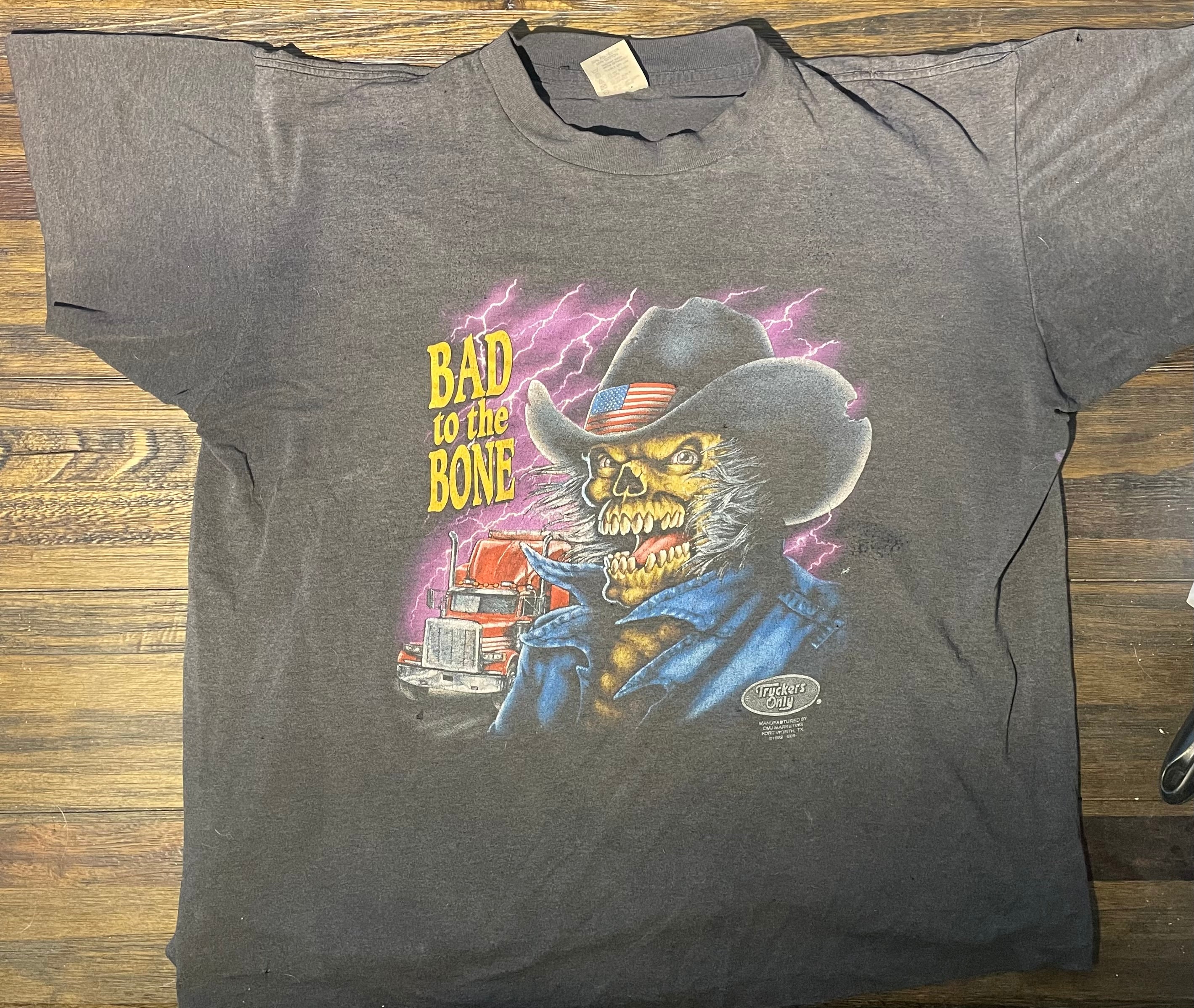 Vintage 1992 Truckers Only 3D Emblem Bad to the Bone T Shirt Vintage 1992 Truckers Only 3D Emblem Bad to the Bone T Shirt