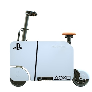 May include: A white Honda scooter with black accents and PlayStation logos. The scooter has a black vertical stripe, a brown seat, and black wheels. The word "HONDA" is embossed on the side.