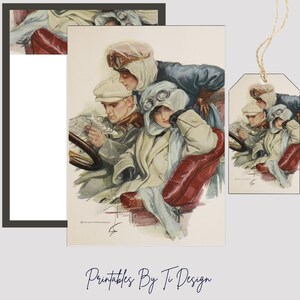 Set di biglietti di auguri Bon Voyage, illustrazione di automobilismo vintage stampabile di Harrison Fisher Girls, set di cancelleria abbinato, DOWNLOAD DIGITALE