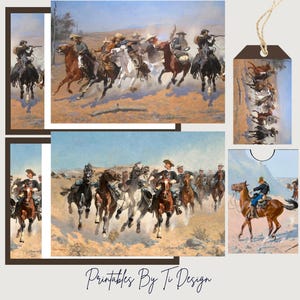American Wild West Card Set with Vintage Western Art Designs, Matching Envelopes, Tags, Gift Box and Gift Card Holders, DIGITAL DOWNLOAD