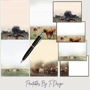 Ensemble de papeterie imprimable sur le thème troupeau de vaches, quatre modèles basés sur des peintures d'époque, papiers lignés et non doublés avec enveloppes, TÉLÉCHARGEMENT NUMÉRIQUE