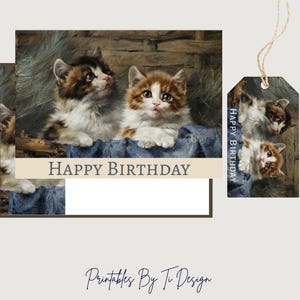 Ensemble de cartes d'anniversaire chat vintage imprimables - 2 tailles avec inserts, enveloppe, étiquette cadeau et porte-cartes - Amusant ou vierge, TÉLÉCHARGEMENT NUMÉRIQUE