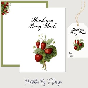 Printable Greeting Card Set, &#39;Thank You Berry Much&#39;, Strawberry Design, Matching Inserts, Envelopes, and Gift Tag, DIGITAL DESIGN