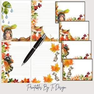 Conjunto de letras fofas de animais com tema de outono, papelaria para impressão com papel pautado e sem pauta, com envelopes, 4 designs, DOWNLOAD DIGITAL