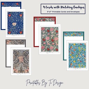 Biglietti d'auguri con stampe di William Morris, set di 4 biglietti con stampe vintage, buste abbinate, motivi colorati ispirati alla natura, DOWNLOAD DIGITALE