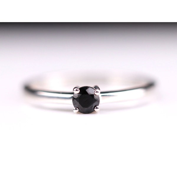 Black Spinel Sterling Silver Ring - 4mm Round Cut Ring - Stackable Dainty Jewelry - Christmas Gift for Her