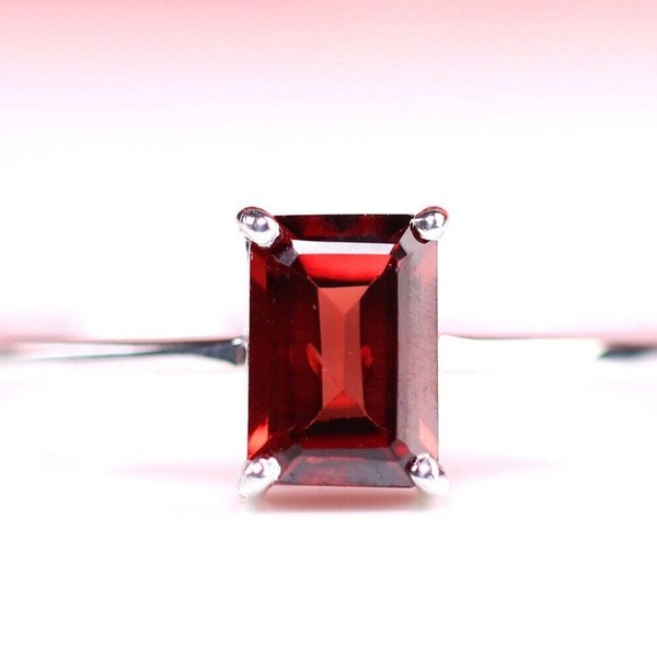 Sterling Silver Garnet Ring - 5x7mm Emerald Cut Crystal Ring - Dainty Stackable Jewelry - January Birthstone - Rectangle - Gift for Her