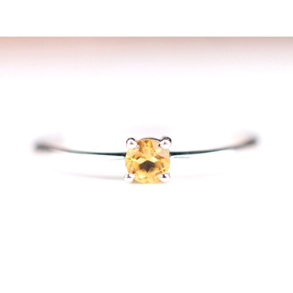 Citrine Sterling Silver Ring - 4x4mm Round Cut Ring - Dainty Stackable Ring - November Birthstone Jewelry - Unique Christmas Gift for Her