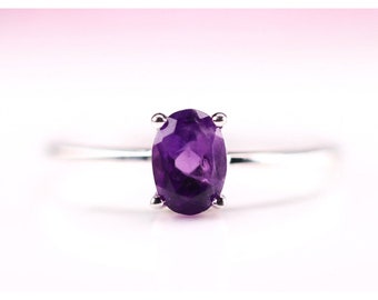 Amethyst Sterling Silver Ring - 5x7mm Oval Cut Crystal Ring - Dainty Stackable Jewelry