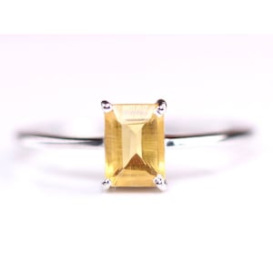Citrine Sterling Silver Ring - Emerald Cut Solitaire Ring - Stackable Dainty Jewelry - November Birthstone - Christmas Gift for Her