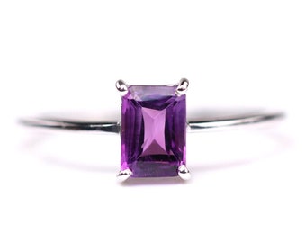 Sterling Silber Amethyst Ring - Amethyst Ring im Smaragdschliff - Februar Geburtsstein Schmuck - Rechteckiger Schnitt - Zierlich, Minimalistisch, Einfach