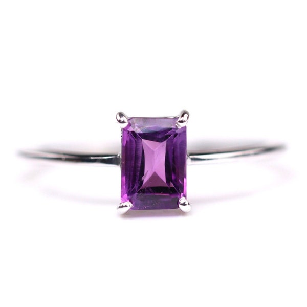 Sterling Silver Amethyst Ring - Emerald Cut Amethyst Ring - February Birthstone Jewelry - Rectangle Square Cut - Dainty Minimalist Simple