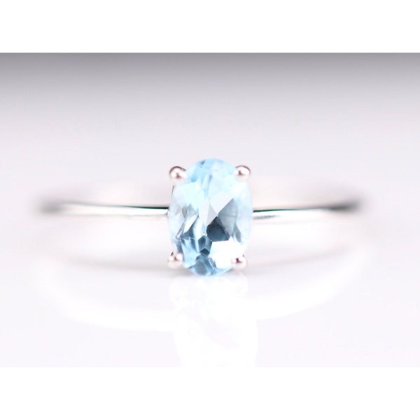 December Birthstone Jewelry - Genuine Blue Topaz Sterling Silver Ring - 5x7mm Oval Cut Crystal Ring - Dainty Stackable Jewelry