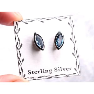 London Blue Topaz Stud Earrings - 5x9mm Marquise Cut - Sterling Silver Stud Earrings - December Birthstone Studs - Simple Modest Jewelry
