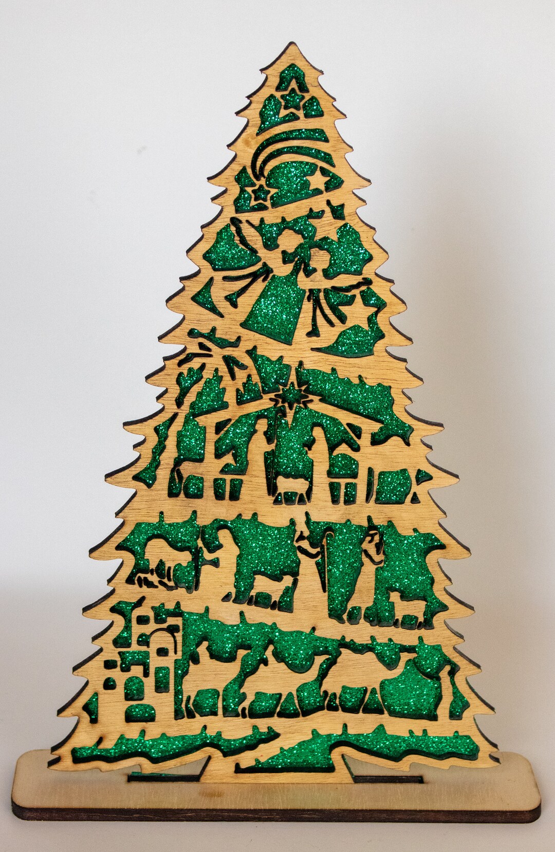 Wooden Nativity Scene Cut Out on a Christmas Tree Nice Christmas Gift