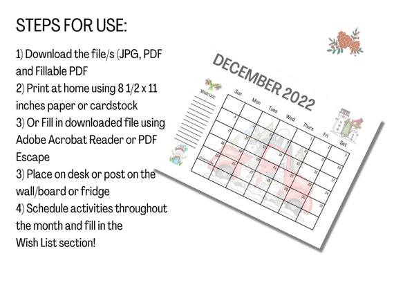 December 2022 Holiday Printable Calendar With Fillable Wish List for Desk  or Wall or Office Cute Gnome and Snowman Theme December Calendar - Etsy