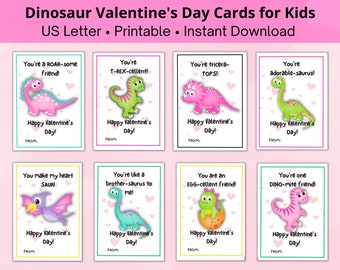 Printable Dinosaur Valentine's Day Cards for Kids; Printable Valentine Card Set; School Valentine Cards; Cute Dinosaur Valentine for Kids