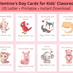 Druckbare Tier-Valentinstagskarten für Kinder; Niedliche Tier-Valentinstagskarten; Valentinstag Karten Set; Vorschule Valentinsgrüße
