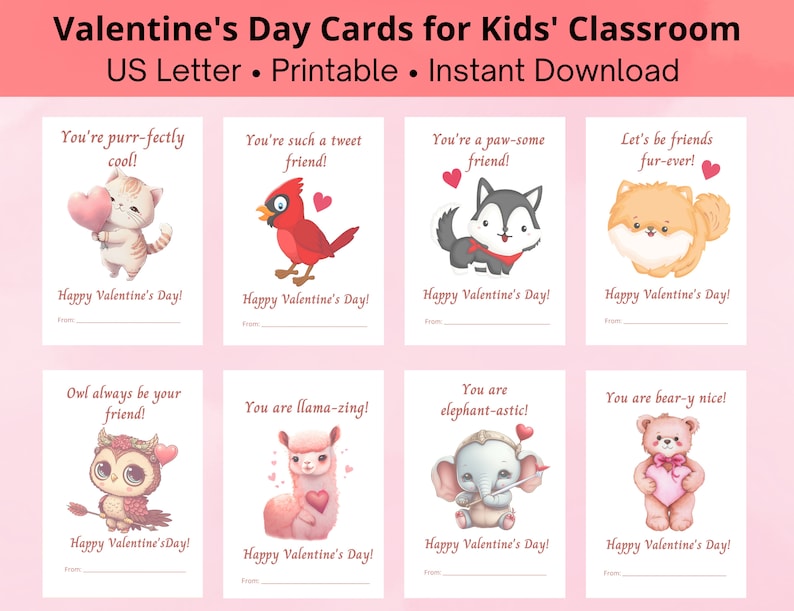 Printable Animal Valentine's Day Cards for Kids; Cute Animal Valentine
