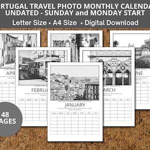 Zestaw miesięcznego kalendarza ściennego Portugal Travel Photo z kalendarzem startowym na niedzielę i poniedziałek w formacie LETTER o wymiarach 8,5 x 11 cali i formacie A4 o wymiarach 8,3 x 11,7 cala