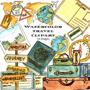 Handgeschilderde Aquarel Travel Clipart | Vakantie | Vakantie | Tijdschrift | Planner | Stickers | Kaart | Paspoort | Globe | Koffers | Kompas