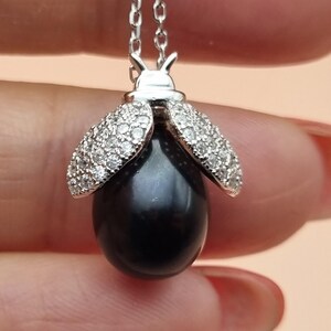 Natural Freshwater Black Pearls & CZ Stones Sterling Silver Pendant with Chain, Just one available! Photo of the actual pendant!