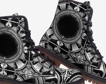 My black and white art nouveau vegan leather boots