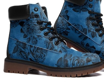 Stylish Blue Pattern Black Rose Custom Vegan Leather Boots - Wide Fit, Padded Collar, Lace-Up, Eco-Friendly Footwear with Rubber Sole