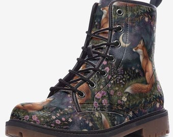 Dreamy fox in the moonlight patterned vegan leather boots