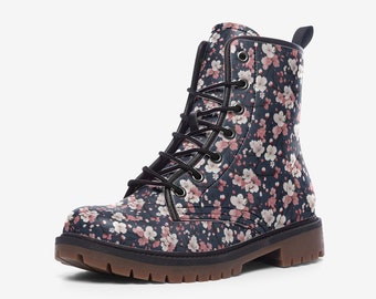 Beautiful Navy and pink cherry blossom vegan leather boots festival boots outdoor boots
