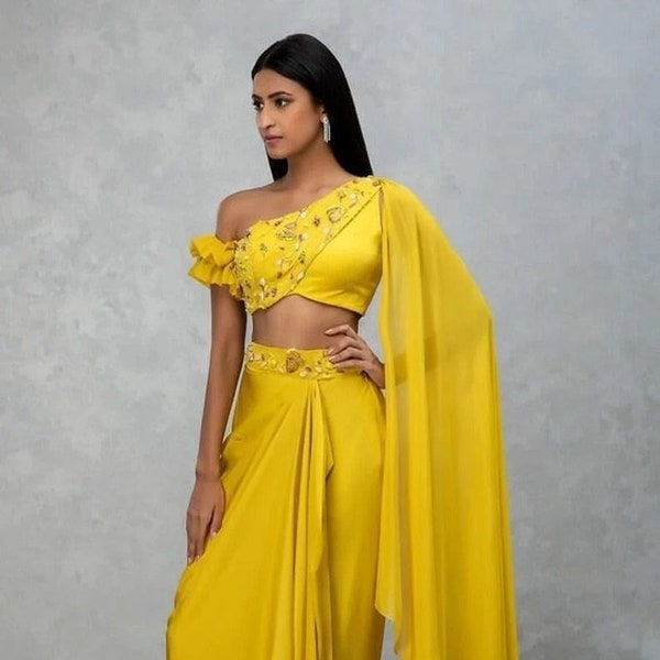 Yellow speical Wedding Mehendi Sangeet  Indo western Outfits Crop Top with Dhoti skirt saree Indian Function Wear suit