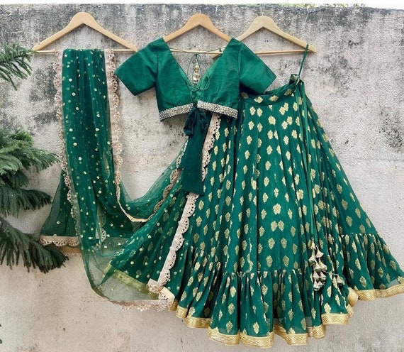 RE - Bottle Green Colored Designer Velvet Lehenga Choli - Latest Lehengas -  New In - Indian