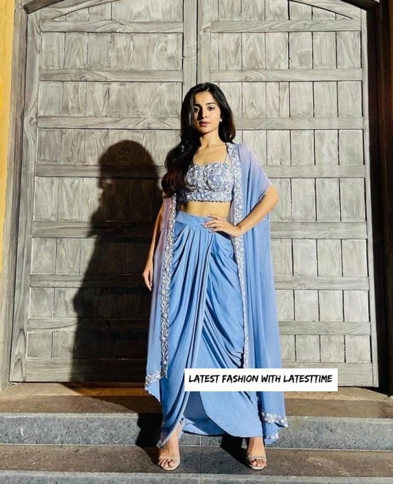 Sky blue color Indo Western gown – Panache Haute Couture