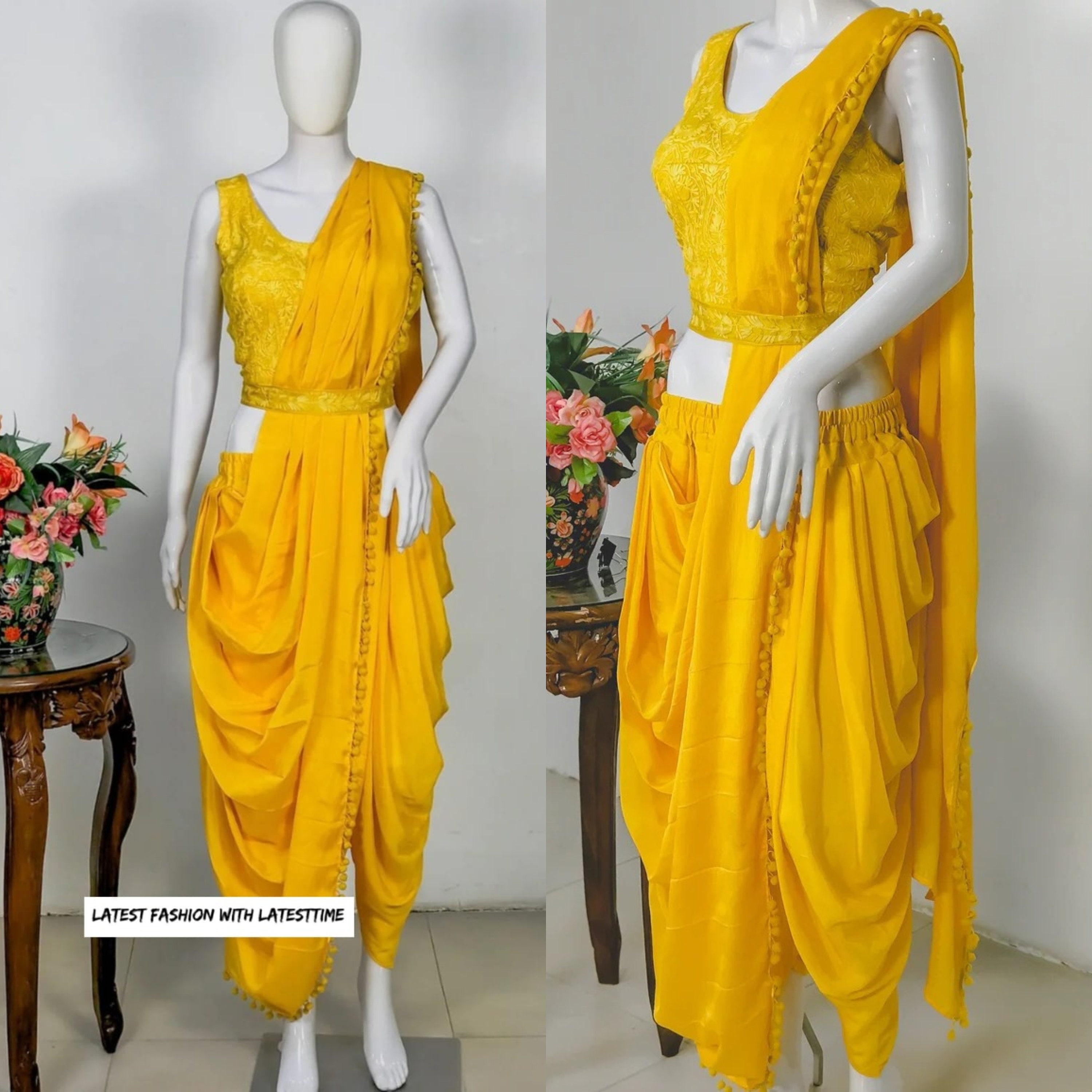 Latest Yellow Dhoti Style Saree Dress With Lucknowi Blouse
