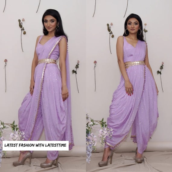In Cut Crop Top With Low Crotch Dhoti Pants And Shrug - VitansEthnics