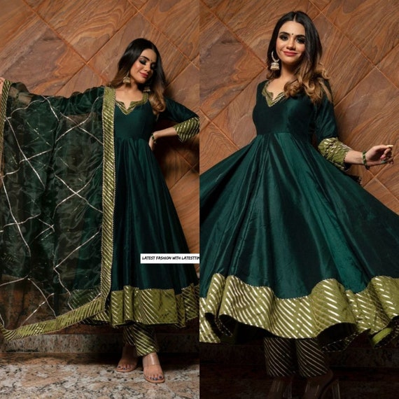 Dark Green Golden Embroidered Anarkali Pant Suit | Stylish dresses for  girls, Beautiful dresses, Party wear lehenga