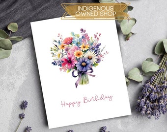 Cheerful Floral Birthday Card, Colorful Flower Bouquet Happy Birthday Greeting Card Set, Watercolor Birthday Card for Friend, Botanical Bday