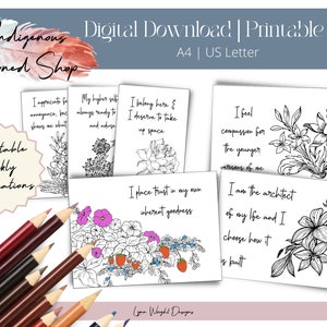 52 baralho de cartas de afirmação para coloração floral semanal, páginas para colorir de flores mínimas para impressão, amor próprio, lei da atração, atenção plena diária