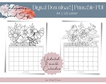 Pretty Floral Undated Coloring Calendar, Monthly Adult Coloring Page Calendar, Flower Coloring Page, Monday Start, A4 Calendar, Letter
