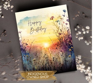 Wildflowers & Sunrise Birthday Cards, Wildflower Meadow Happy Birthday Greeting Card Pack, Botanical Bday, Floral Birthday Card for Friend