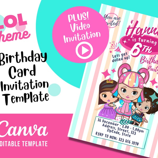 Birthday Invitation Template Doll Birthday Invitation Card  | LOL Theme | Plus+ Mobile Video Invitation | Canva Editable