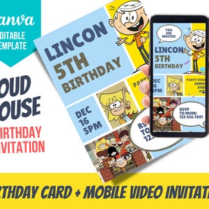 Modello di invito di compleanno Biglietto d'invito di compleanno in stile fumetto Loud House / Invito video mobile Plus+ / Canva modificabile