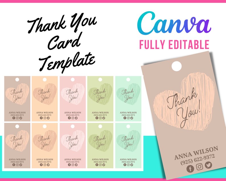 Thank You Card Gift Tag Template Canva Editable Template Etsy